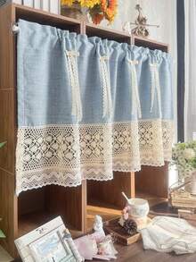 1PC Machine Washable Kitchen Curtains,Small Window Curtains For Kitchen,Apartment Kitchen Drapes,Cafe Style Half Curtains, Polyester,Affordable Linen Curtains - Blue - View 2