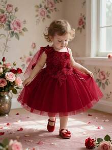 Baby Girls Bow & Flower Mesh Princess Dress, Suitable For Party & Flower Girl, Random Fabric Pattern, Headband Not Included - Burgundy - View 2