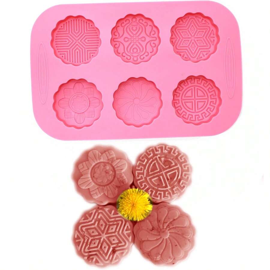 1 pièce Moule en silicone à 6 cavités avec motif de dentelle, convient pour le savon fait main, les gâteaux de lune, les pâtisseries, les chocolats, la cuisson de gâteaux - Rose bonbon - Voir 1