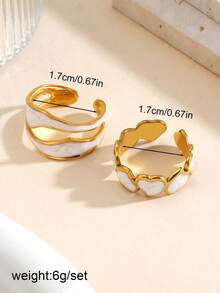 两枚18K镀金不锈钢白色珐琅心形戒指套装，约会和节日礼物的理想之选 - 彩色 - 查看 3