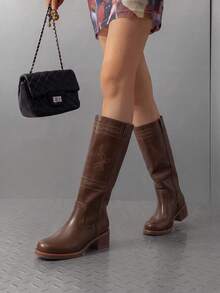 Women's Knee High Boots Pull-On Tall Shaft With Western Stitching Vintage Style Comfortable Square Toe Boots For Women - Màu nâu Sô-cô-la - Xem 2
