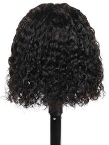 深波浪13x4蕾丝前置波波头假发，真人发丝，预先拔毛，带婴儿绒毛，无胶蕾丝假发，13x4水波纹卷发波波头假发，150%密度 - Natural Black - 查看 4