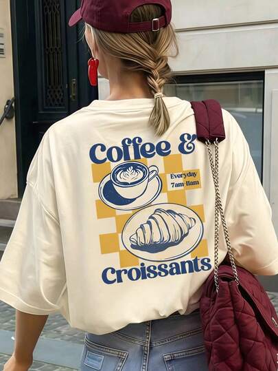 Women's Summer New Letter COFFEE Horn Bag Coffee Machine Printed Leisure Vacation Style Loose Multi-Functional Round Neck Camel Short-Sleeved T-, Fashion Daily Top, Suitable For Daily Wear. Casual