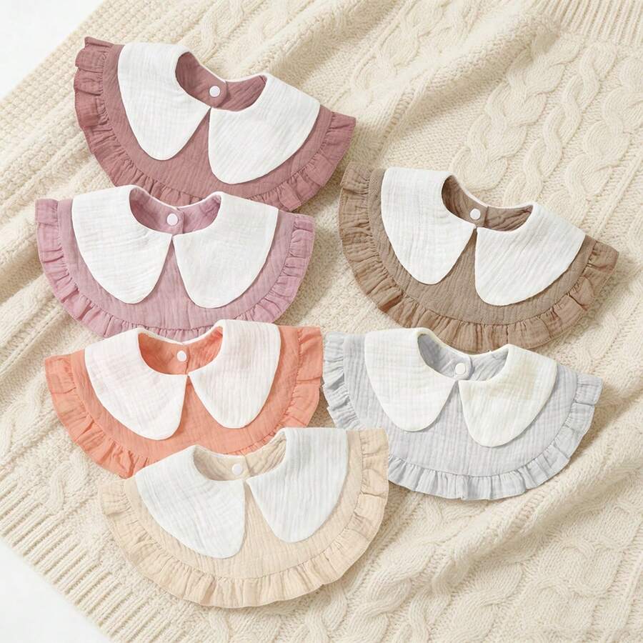 6件装婴儿围兜,蕾丝领口,柔软棉绉纱面料,可调节按扣,新生儿必备,男女宝宝通用 - 彩色 - 查看 1