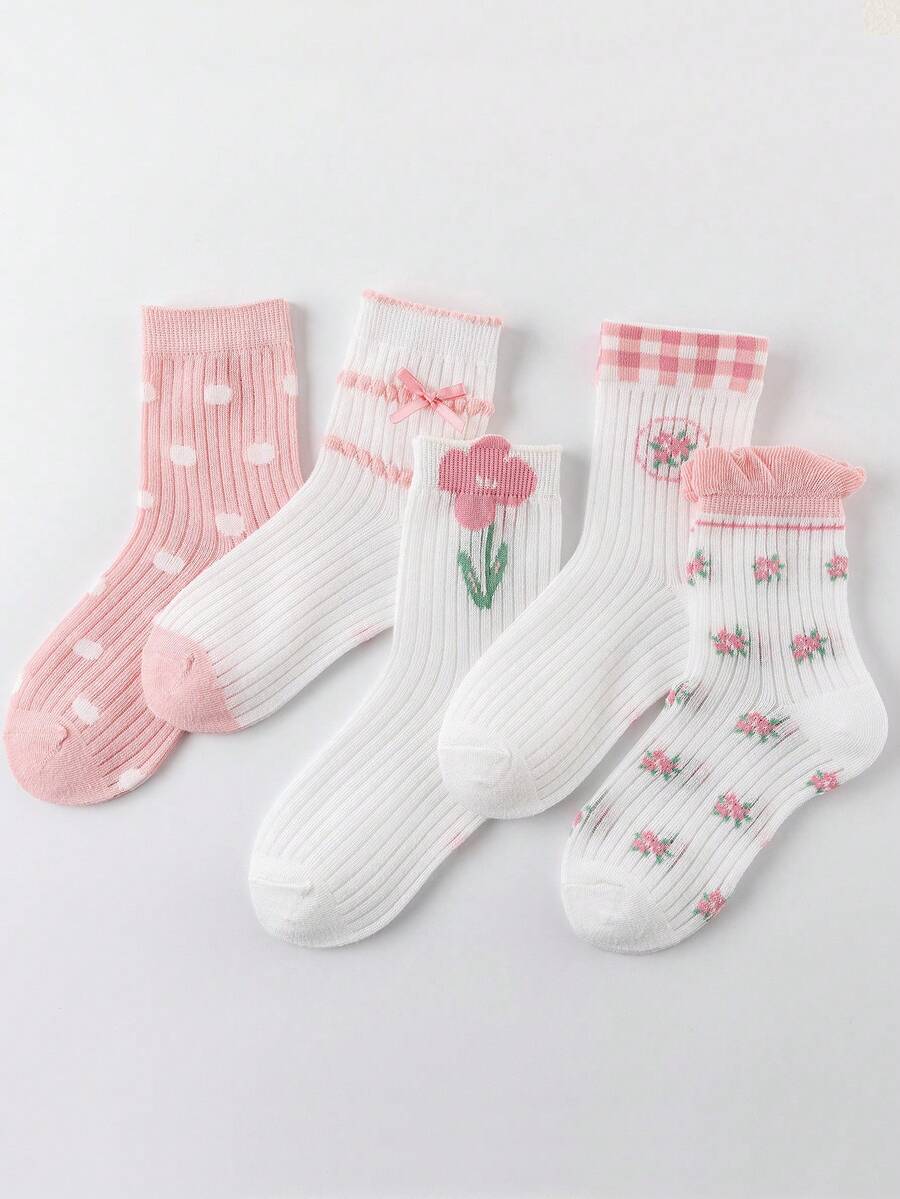 5双装女童可爱粉色碎花透气网眼中筒袜，春夏款 - 彩色 - 查看 1