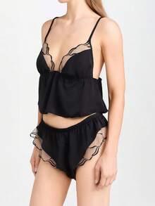 Set de pijama de 2 piezas para mujer con camiseta de encaje de unicolor y shorts con volantes en el bajo - Negro - Ver 3