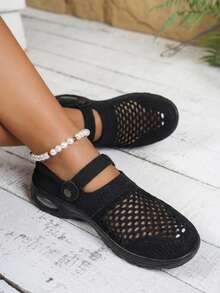 Women's Solid Color Sandals, Lightweight Mesh Upper Casual Air Cushion Thick Sole Sandals, Soft Sole Indoor/Outdoor Wear, Suitable For Beach And Pool Activities - 黑色 - 查看 3