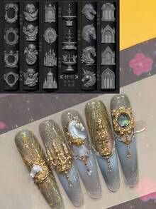 1 pieza Molde de arte de uñas 3D con patrón floral, marco con alas, castillo y ángel de estilo vintage, plantilla de decoración de uñas de silicona transparente - transparente - Ver 1