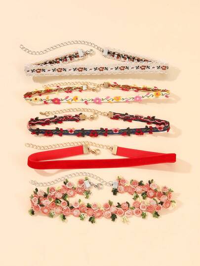 Bộ 5 chiếc vòng cổ choker ren hoa màu đỏ bằng nhung, có thể điều chỉnh kích thước, phong cách cổ điển tối giản Y2K, trang sức cưới và đeo hàng ngày.