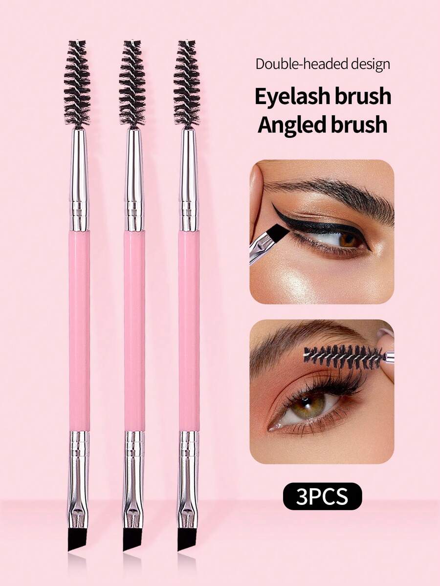 3Pcs Double-Ended Brow & Lash Brush Set, Professional Soft Fiber Makeup Tools, Portable Travel Eyebrow & Eyelash Brush Kit