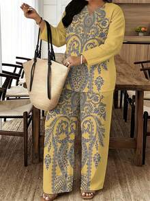 This Women's 2-Piece Set With All-Over Blue Paisley Print On Yellow Base, Daily Casual, Polyester Fabric, Lightweight And Breathable, Women's Set, Summer, Women's Fashion Set - 彩色 - 查看 2