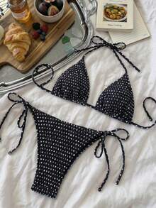 女士两件套波点休闲沙滩装，夏季 - 黑與白 - 查看 1