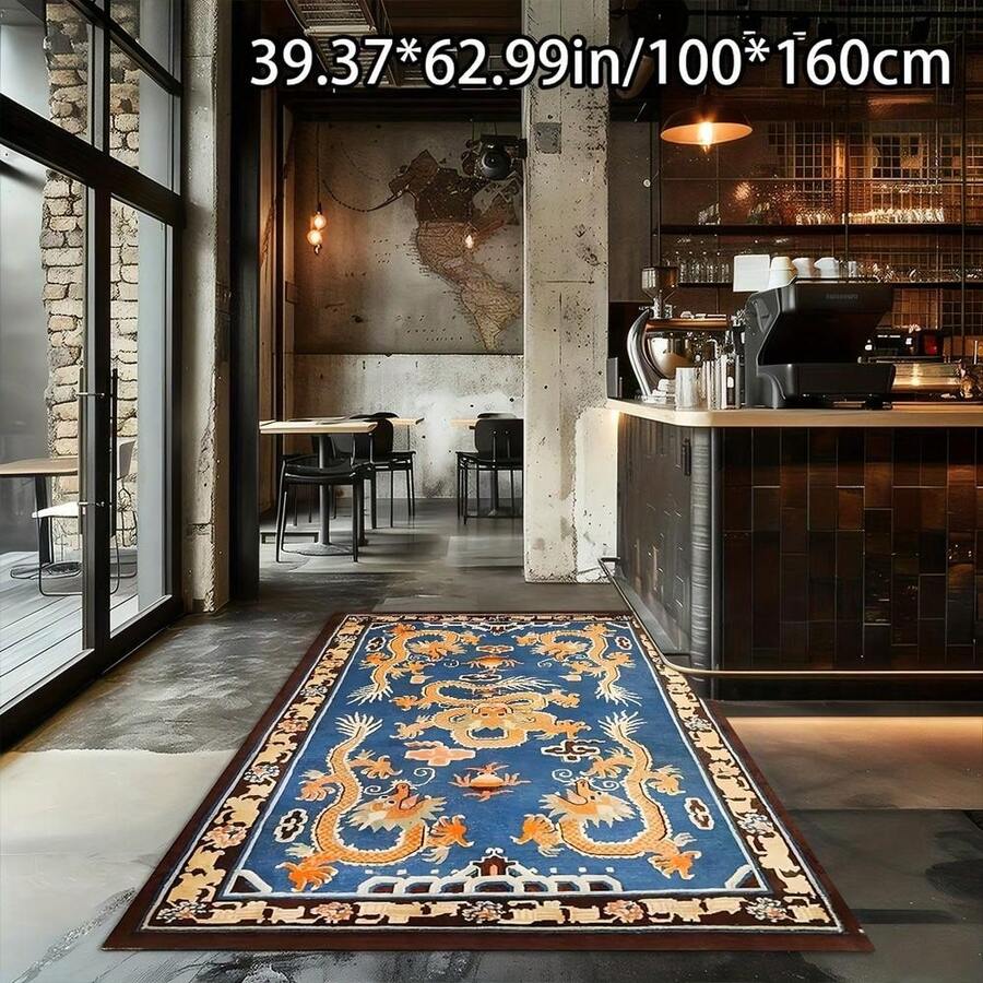 Golden Diamond Velvet + 800g/M² + Dot Plastic Backing + Dot Plastic Floral Pattern Process At The Bottom. 1pc Golden Diamond Velvet Chinese Classical Flying Dragon Pattern Rug, Home Decor, Comfortable, Beautiful, And Versatile Decorative Style. - Multicolor - View 1