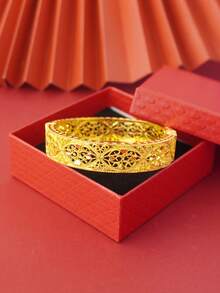 1 chiếc vòng tay mạ vàng 24K kiểu dáng chạm khắc tinh xảo dành cho nữ, vòng tay họa tiết trái tim rỗng cổ điển, trang sức dự tiệc cưới phong cách Dubai Châu Phi. - Vàng - Xem 1