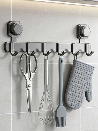 太空铝厨房挂杆，带5/6/7个挂钩，吸盘式安装，可挂放餐具、锅碗瓢盆，适用于冰箱、橱柜、光滑墙面、烧烤架、毛巾、勺子、外套、浴袍等，设计用于放置锅盖、勺子和铲子等。