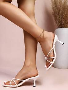 Women's Black & White Thick Heel Criss-Cross Strap Open Toe Sandals, Fashion Versatile Elegant Suitable For Dating, Dinner, Afternoon Tea In Summer - White - View 4