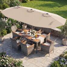 8 PCS Outdoor Wicker Dining Furniture & Double-Sided Umbrella With Solar LED Lights - Màu be - Xem 4