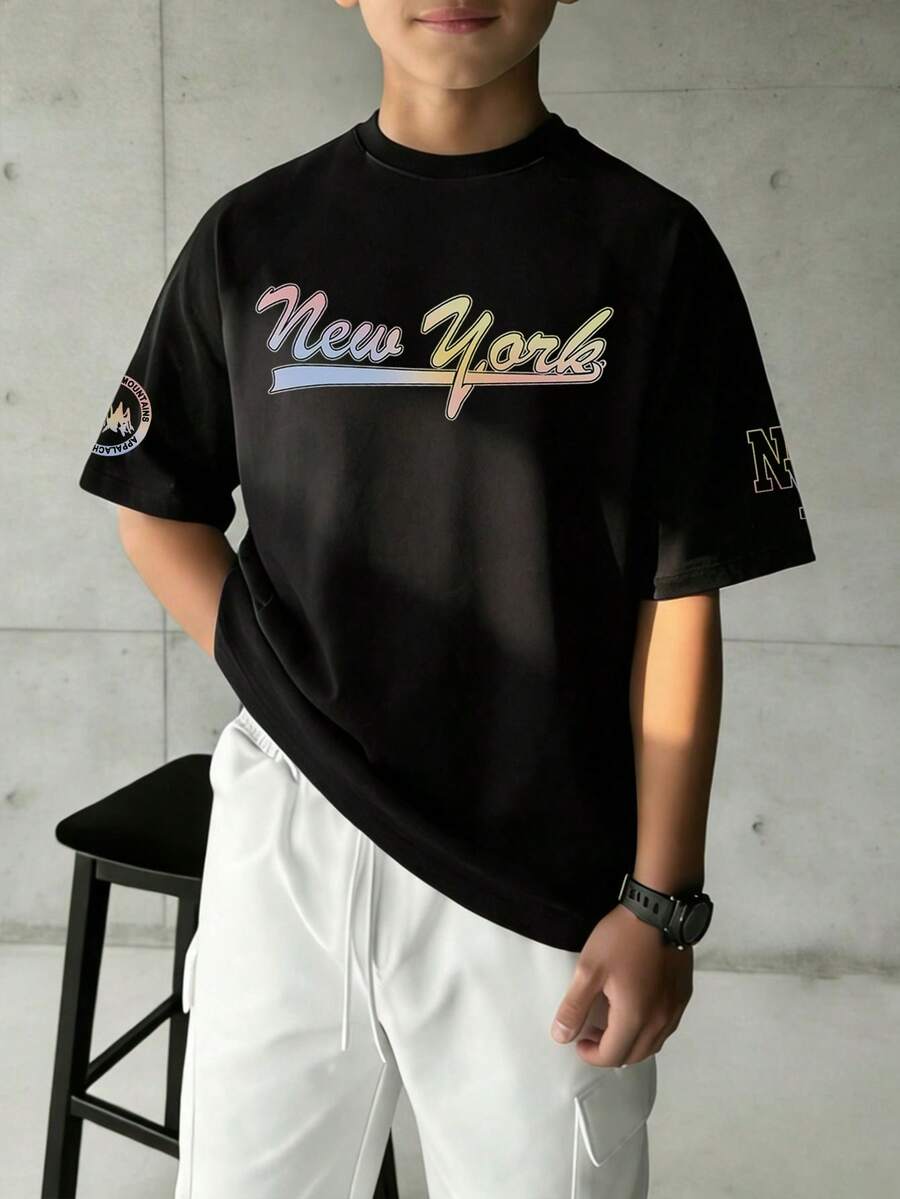 1件男童印花短袖T恤，青少年学生服装，男童夏季上衣 - 黑色 - 查看 1