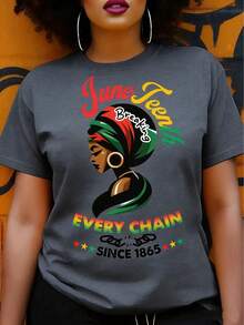 Women's Juneteenth Graphic T-Shirt - "Break Every Chain Since 1865" Design, Vibrant Geometric Print Short Sleeve Top, 100% Cotton Regular Fit For - 灰色 - 查看 5