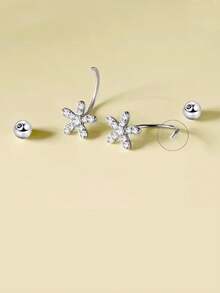 1对水晶花朵螺丝扣耳环，水钻耳夹耳环（女士款） - 銀色 - 查看 5
