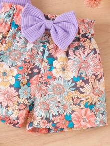 2pcs Baby Girls Cute Flutter Sleeve Printed Top And Shorts Set, Summer - Mauve Purple - View 6