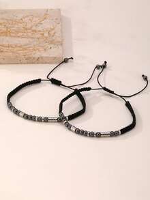 1条/2条黑色玛瑙串珠“我爱你”摩尔斯电码手链，附赠卡片 - 槍黑色 - 查看 3