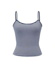 Vaiaye Women'sLingerie Style Top And Spring/Summer Striped Print Round Neck Fitted Casual Vacation Camisole, Suitable Beach Vacation & Everyday Casual Wear - 藍白條紋 - 查看 3