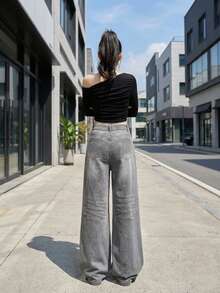 YEAE | Quần jeans ống rộng cạp cao màu xám dáng suông mùa xuân - Màu Xám nhạt - Xem 2