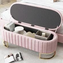 Sofa Cover And Footstool With Storage 120 X 40 Cm, Upholstered Footstool With Storage Space, Sofa Bench, Beige Velvet Fabric - Pink - View 11