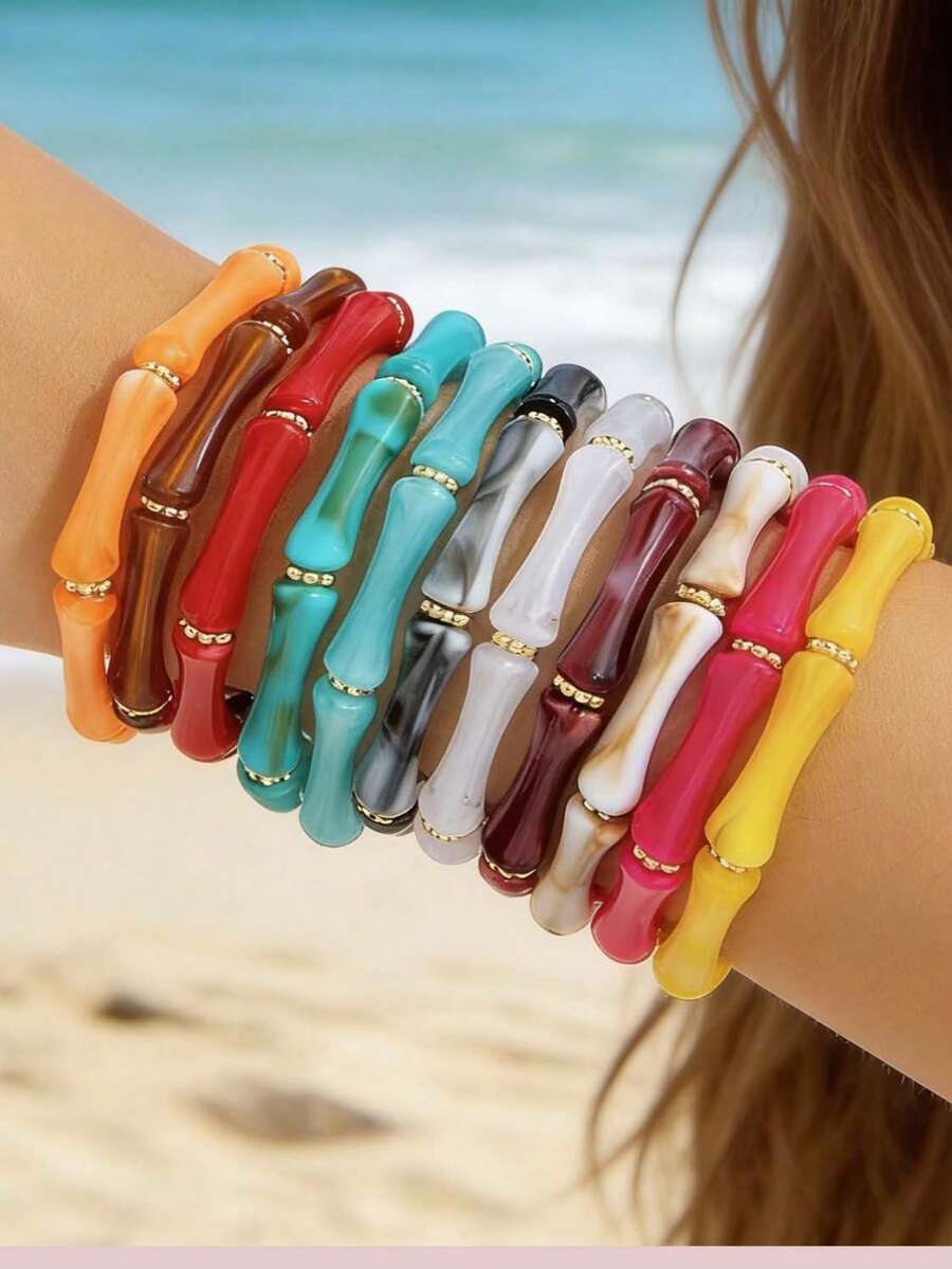 imoli 1条亚克力扎染竹珠CCB手链，独特珠宝礼品，适合女性日常佩戴及任何场合