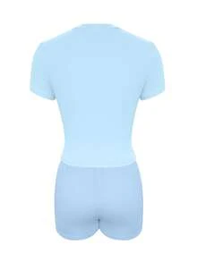 LovelyWholesale Women's Casual Solid Color Round Neck Short Sleeve T-Shirt And Drawstring Shorts Set, Summer Outfit Elegant - Baby Blue - View 6