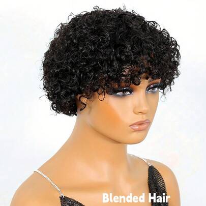 Tóc giả ngắn xoăn kiểu pixie 13x1, tóc giả bob, mật độ 150%, tóc thật 13x1 pha trộn, tóc nối ren phía trước, tóc giả dệt thủ công, kiểu pixie không cần keo, dành cho nữ, màu đen tự nhiên.