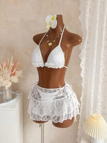 女士三件套白色比基尼套装 - 荷叶边三角上衣、侧系带泳裤和高腰蕾丝裙，性感夏季沙滩度假泳装 - 白色 - 查看 2