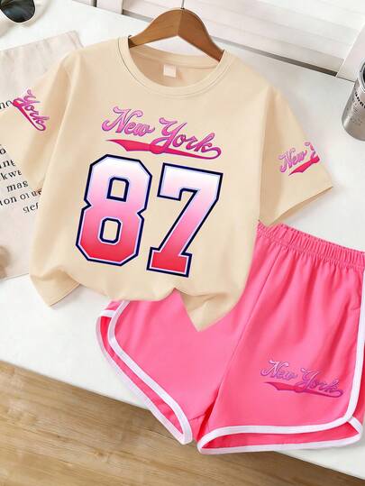Bộ 2 món dành cho nữ tuổi teen, gồm áo thun ngắn tay và quần short in chữ "87" dễ thương và ngọt ngào, thời trang mùa hè mới, thoải mái.