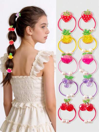 Set de 10 piezas de coleteros con diseños de fresa, cereza, piña, uva y melocotón, accesorios de pelo con perlas brillantes, de alta elasticidad y sin daños, adecuados para uso diario, escuela y decoración de coleta
