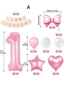 1set Girl's First Pink Bow Birthday Decoration, Light Pink Transparent White Bow Printed Top Hat Balloon, Pink Number 1 Balloon With Bow, Star Shaped Aluminum Foil Balloon Banner, Suitable For Baby's 1st Birthday Party Decoration - Multicolor - View 8