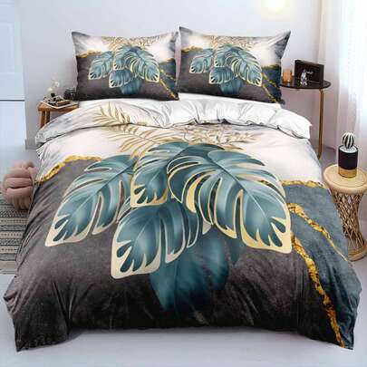 2/3pcs 3D Print Gilded Monstera Marble Duvet Cover Set Gray Blue Gradient Base Large Monstera Leaf Gold Outline Fern Marble Vein Pattern Bedding Set Modern Luxe Nature Calm Comforter Cover Set (Size 135x200 Only 1 Pillowcase)