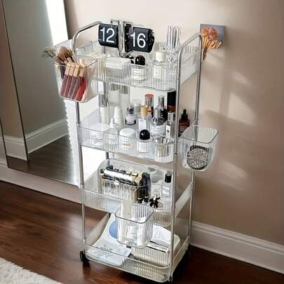 Senmeo 3/4-Tier Acrylic Rolling Cart With Hanging Storage, Clear Modern Design With Alloy Handle & 360° Silent Wheels, Multi-Use Trolley For Dorm/Bathroom/Bar/Kitchen