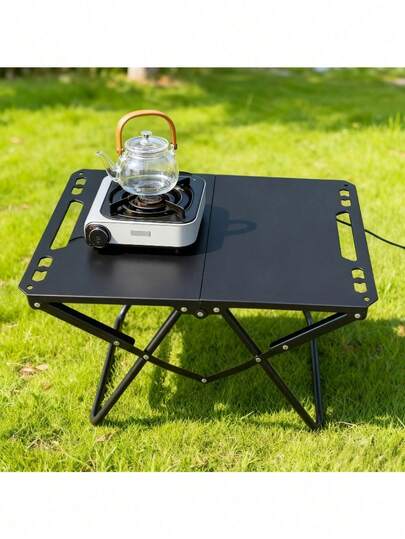 Heavy-Duty Carbon Steel Portable Folding Table, Tripod Base Stable, With Handle For Easy Carrying, Black Color Lightweight & Durable, Suitable For Adults, Picnic, Camping, BBQ, RV
