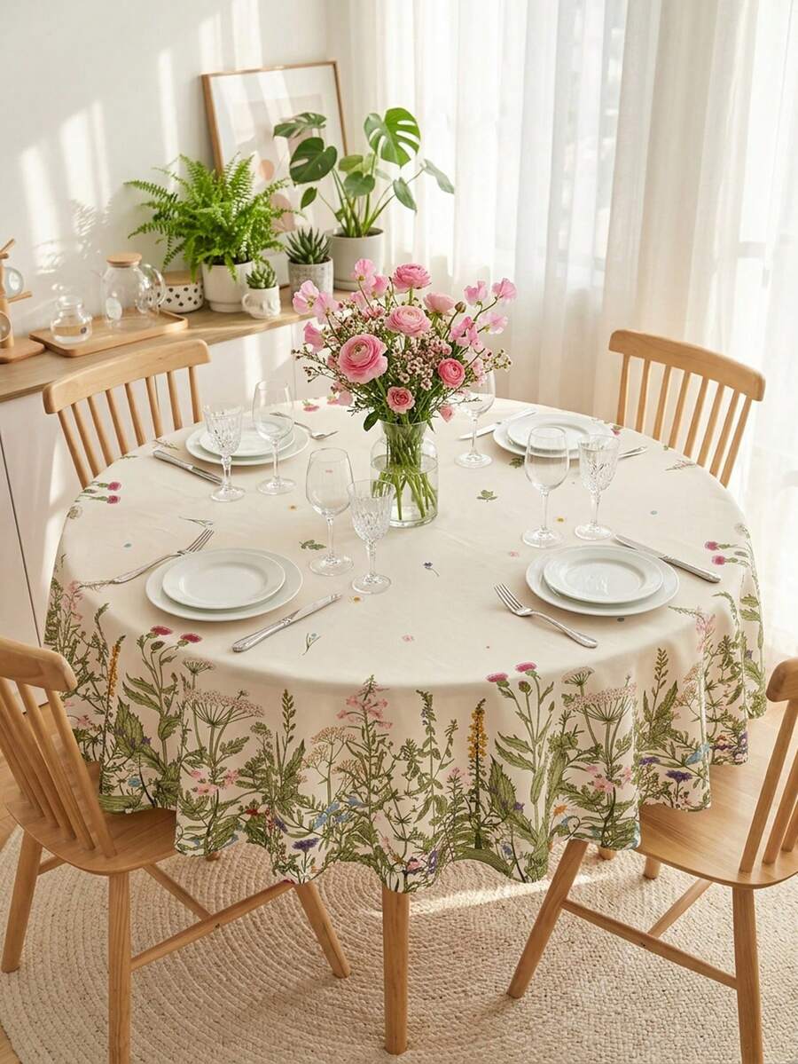 1 chiếc khăn trải bàn bằng polyester họa tiết hoa dại và thảo mộc - Chống thấm nước, dệt máy, họa tiết hoa, thích hợp cho Lễ Tạ ơn, gia đình và dã ngoại ngoài trời, có cả kiểu tròn và chữ nhật. - Nhiều màu - Xem 1