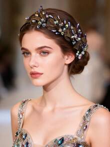 1 pieza Elegante corona de princesa de moda para mujer, diadema de accesorio para el cabello con diamantes de imitación de lujo para cumpleaños/boda, para verano y playa - Multicolor - Ver 6