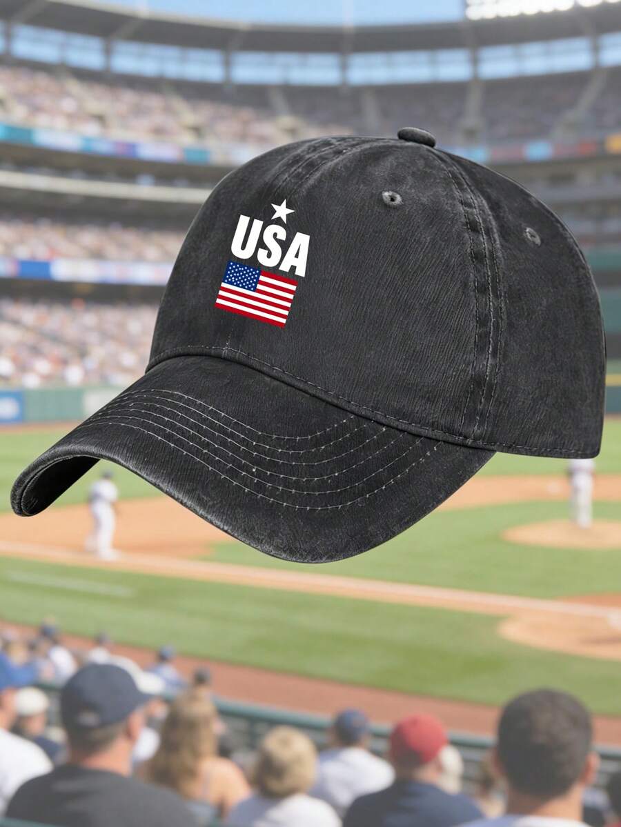 White Star Above Usa Text With American Flag Below On Black Background Usa 250th Anniversary Vintage Washed Adjustable Unisex Patriotic Baseball Cap - 黑色 - 查看 1
