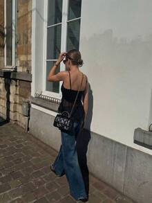 SEREN 夏季新款黑色露背蕾丝拼接吊带背心，女士上衣，休闲性感度假风，薄款半透明无袖上衣，夏季女士上衣，黑色上衣 - 黑色 - 查看 5