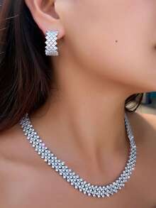 1 Set Shining Round Cubic Zirconia Paved Wide Tennis Choker Necklace And Huggie Hoop Earrings, Silver Plated Wedding Banquet Jewelry Set For Women Brides Bridesmaids Engagement Pageant Party Prom As Gift For Girlfriends - White - View 6