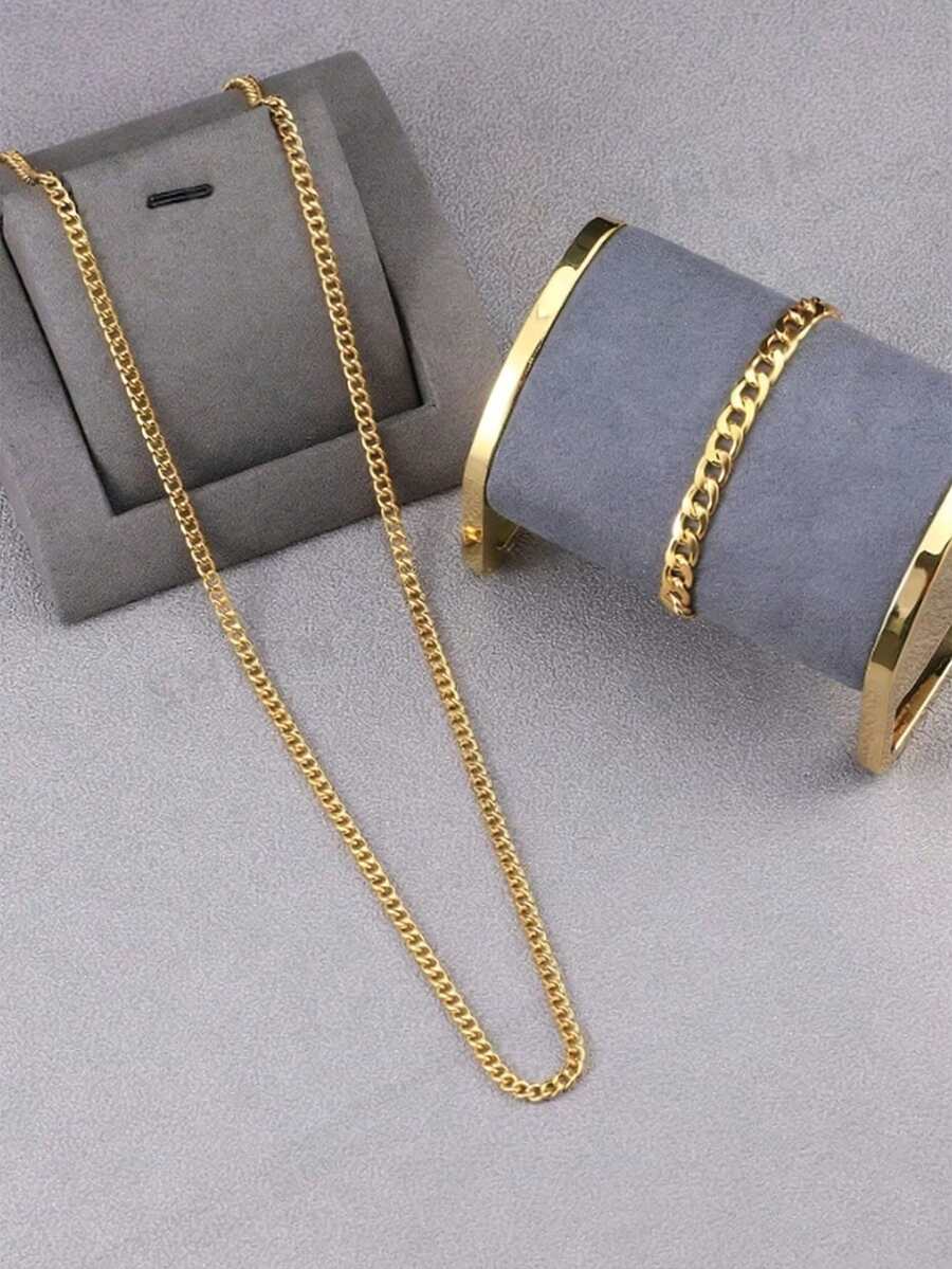 2pcs/Set Men's Fashionable Stainless Steel Minimalist Versatile Necklace And Bracelet Set - Gold - View 1