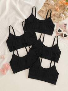 5pcs/Pack Bra Model Kamisol untuk Anak Perempuan Usia 8-12 Tahun, Tanpa Jahitan, Warna Polos, Bantalan yang Dapat Dilepas, Cocok untuk Olahraga & Pemakaian Sehari-hari - Hitam - View 2