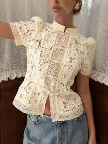 Women Lace Shirt Y2k Long Sleeve Shirt Button-Down Slim Fit Elegant Fall Sheer Tops Clubwear - 杏色 - 查看 1