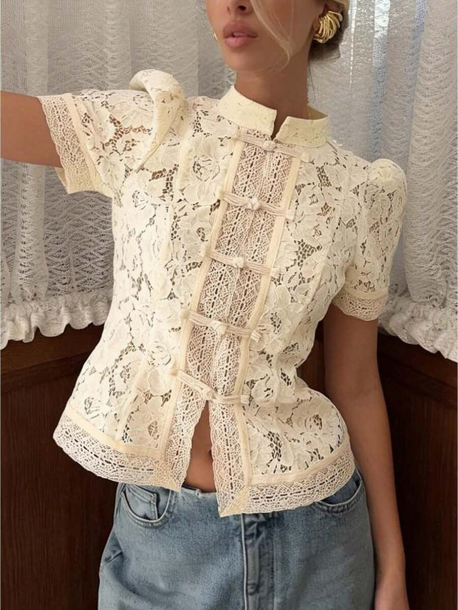 Women Lace Shirt Y2k Long Sleeve Shirt Button-Down Slim Fit Elegant Fall Sheer Tops Clubwear - 杏色 - 查看 1