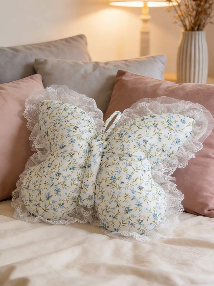 1个法式田园蝴蝶装饰枕，蕾丝花边设计，柔软舒适，适合宿舍、客厅、飘窗、卧室装饰，蓝紫色 - 藍紫色 - 查看 1