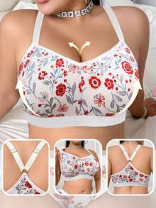 Plus Size Women Floral Print Patchwork Wireless Bra, Comfortable Leisure Sports Bra With Breathable Back Design - White - View 4